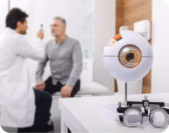 An ophthalmologist examining a seated patient beside a phoropter and a model eye