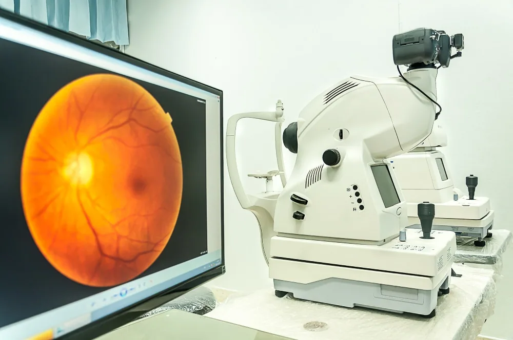 Retinal eye scan displayed on monitor with ophthalmology diagnostic equipment
